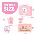 Product size guide for a pink bunny-themed dishware set, showing dimensions for each piece (teapot, cup, bowl, tray, lunch box).