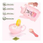Pink kids' tea set with a pouring teapot and cup; safety badges read Non-Toxic, Lead Free, BPA Free, Safe for Use.