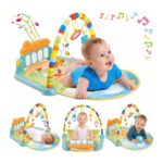 Colorful baby play gym with a rainbow arch, hanging toys, and a curious baby on a bright mat built for tummy time.