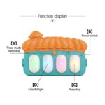 Colorful children's toy piano with an orange roof and teal body; four glowing keys, labeled A (three-mode switching), B (power switch), C (piano key), D (colorful lights).