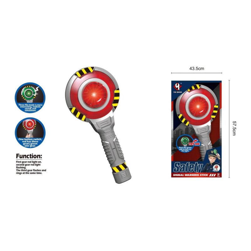 Red LED signal wand with striped yellow-and-black border and gray handle, shown beside its product box.