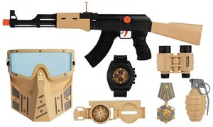 Assorted military gear: black-tan rifle, protective face shield, tactical watch, grenade prop, and medals.