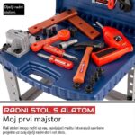 Toy workbench with red plastic tools spread on a blue storage box; appears to advertise children's workstations in Croatian.