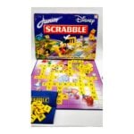 Disney Scrabble Junior game box with colorful purple board and yellow letter tiles spread on the game board and bag in foreground