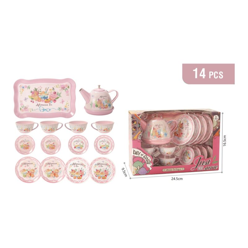 Pink 14-piece children's tea set with teapot, cups, saucers and a matching tray, all with floral designs, shown with gift box on the right and decorative packaging nearby