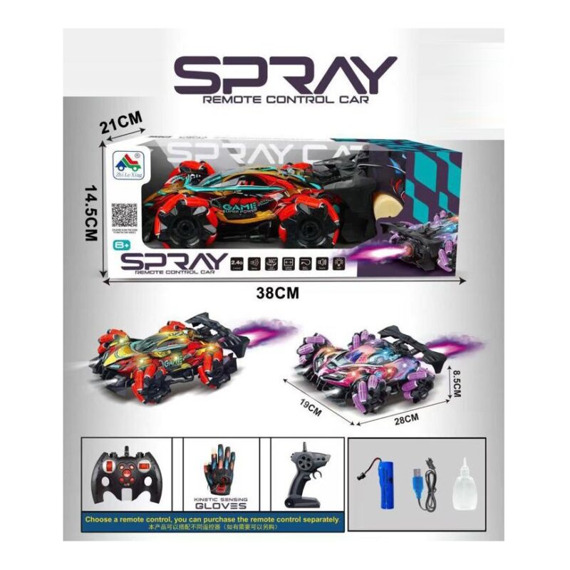 Boxed Spray remote control car set with two colorful cars, showing dimensions 38 cm long, 14.5 cm tall; packaging displays brand 'SPRAY' and remote control symbols. Accessories shown include a remote, gloves, charger, and bottle of lubricant/gear oil.