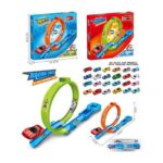 Plastic toy racing track set featuring blue and orange loops, a green circular looping section, and multiple small cars.