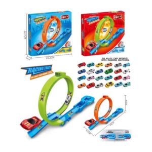 Plastic toy racing track set featuring blue and orange loops, a green circular looping section, and multiple small cars.