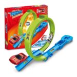 Red toy race car on a blue looping track with two green circular loops and the boxed product in the background.