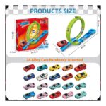 Toy car race set with a green looping track and blue ramp, shown beside a red box, and a banner reading '24 Alloy Cars Randomly Assorted' with rows of colorful toy cars.