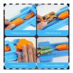Four-panel toy car launcher tutorial: 1) pull back the launcher, 2) place the car, 3) press the launcher, 4) the car shoots forward along the blue track.