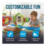 Child plays with a customizable toy race track set, emphasizing hands-on building and endless configurations.