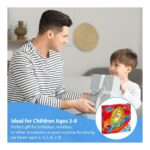 Father hands a wrapped gift to a smiling boy on a sofa; inset shows a toy racetrack set and the banner promotes gifts for ages 3–8.