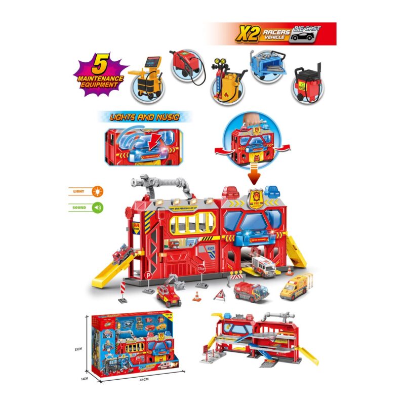 Fire station toy set with red building, yellow ramps, and multiple emergency vehicles for kids to play with, featuring lights and sounds.