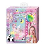 Colorful secret lock journal and rainbow pom-pom pen set in a pink unicorn-themed box for kids.