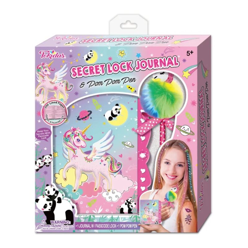 Colorful secret lock journal and rainbow pom-pom pen set in a pink unicorn-themed box for kids.