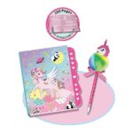 Colorful kids' stationery set with a unicorn-themed notebook, pink heart tabs, and a pink polka-dot ribbon pen topped with a fluffy rainbow bird on a pink-blue background.
