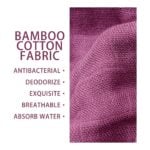 Left-aligned text: bamboo cotton fabric with bullet features: antibacterial, deodorize, exquisite, breathable, absorb water; close-up pink fabric on right