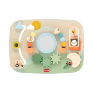 Colorful wooden baby activity board with beads on a string, a mirror in the center, and playful shapes and animals across a grassy landscape.