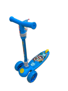 Blue kids' three-wheeled kick scooter with a T-bar handlebar and a decorated deck, ready to ride.