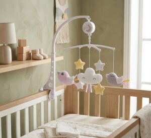 Soft pastel baby mobile with stars, birds, and a cloud hanging over a wooden crib in a calm nursery setting