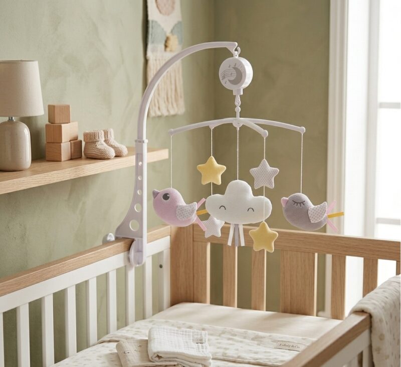 VRTULJAK SLIKA Soft pastel baby mobile with stars, birds, and a cloud hanging over a wooden crib in a calm nursery setting