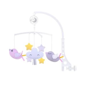 Pastel baby mobile with a purple cloud, yellow stars, and purple birds hanging from a curved arm.