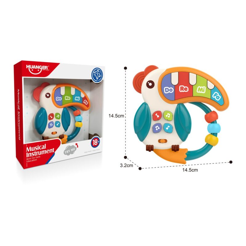 Colorful toy parrot musician with a rainbow keyboard on its back, shown next to its red packaging box; labeled Do Re Mi Fa and designed for early education music play (dimensions shown).