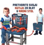 Two children stand beside a blue toy workbench filled with red and gray tool toys, with a portable tool case nearby (play toolkit).