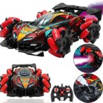 Remote-controlled racing car toy with bold red wheels and black chassis, shown from multiple angles including a handheld controller nearby