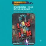 Teal poster promoting stunt vehicles with a colorful race car on a rounded card; includes text about fast sideways slides.