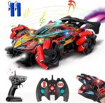 Colorful remote‑control car with red accents, controller, gloves and batteries in a product collage.