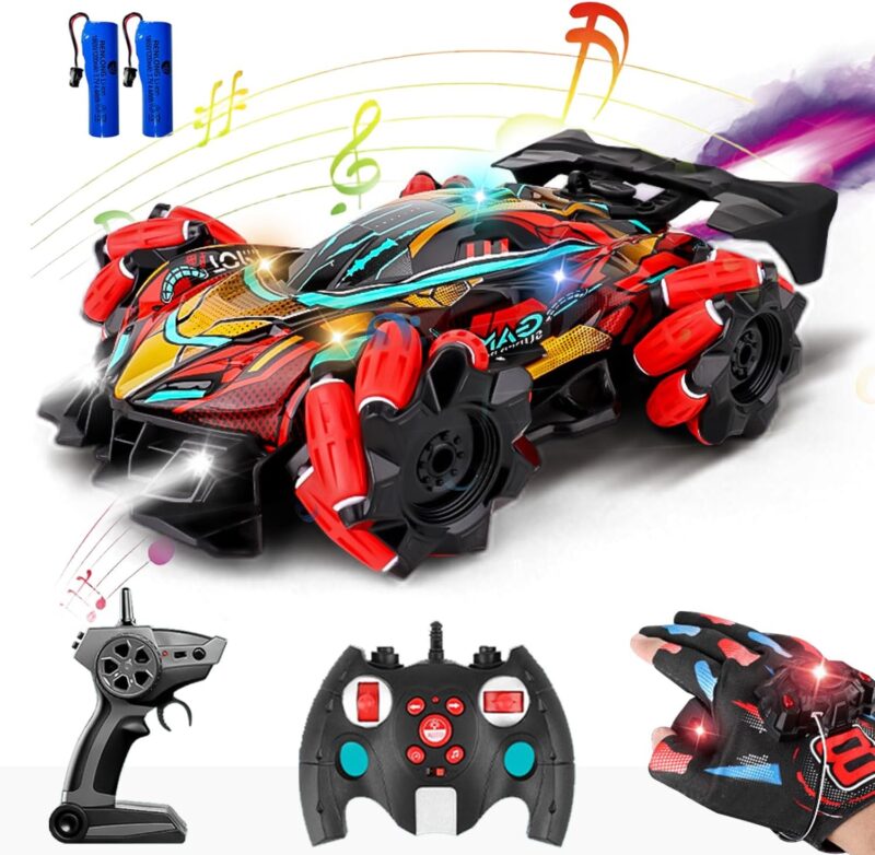 Colorful remote‑control car with red accents, controller, gloves and batteries in a product collage.