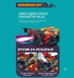 Promotional poster for Kaskaderski Auti toy car on teal background, with a large vehicle graphic and two-step instructions in Croatian: 'Otvor za punjenje' and 'Dodaj odgovarajuću količinu vode'.