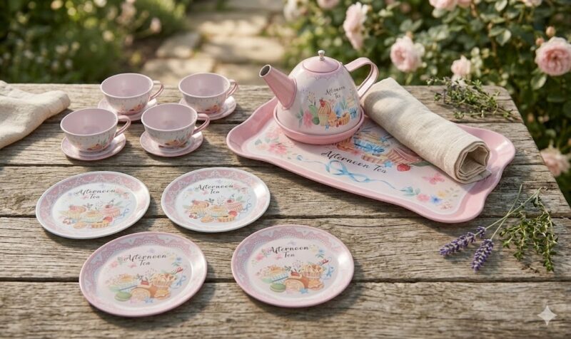 Pink porcelain afternoon tea set arranged on a weathered wooden table: teapot, five matching cups with saucers, floral plates, a pink tray, a rolled napkin, and lavender in bloom.
