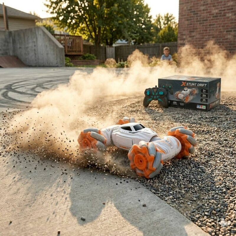 Remote-controlled stunt drift car with white body and orange wheels sliding on gravel, kicking up dust, with its box and controller in the background.