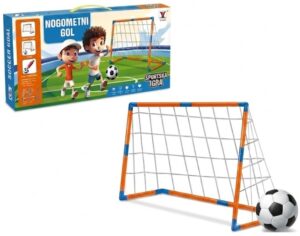 Mini soccer goal set with orange-and-blue frame and net, shown with a soccer ball on the box packaging featuring two kids playing soccer.