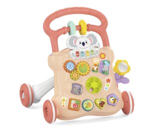 Plastic baby activity walker with a red handle and four wheels, featuring colorful gears, clocks, and animal buttons for learning. (informative)