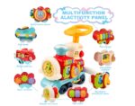 Multifunctional activity panel toy on a colorful ride-on tractor with labeled features like piano keys, gears, clock, and steering wheel sectioned around the body.