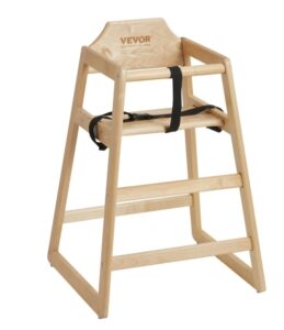 Wooden high chair with safety straps and footrest, light natural wood finish for children.