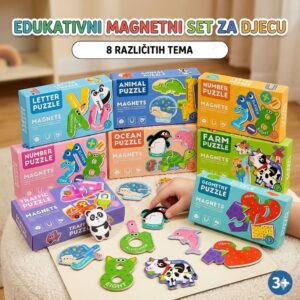 Colorful magnetic puzzle boxes for kids, featuring animals, letters, numbers; a child arranges pieces on a board (age 3+).