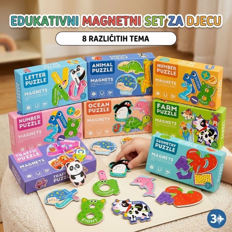 Colorful magnetic puzzle boxes for kids, featuring animals, letters, numbers; a child arranges pieces on a board (age 3+).