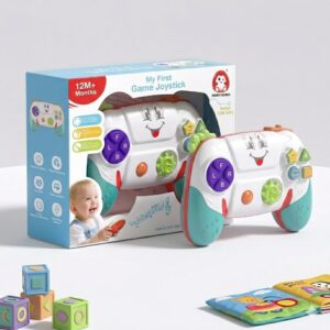 Boxed 'My First Game Joystick' toy set for 12+ months, with two cartoon joysticks and colorful blocks nearby for playtime learning.