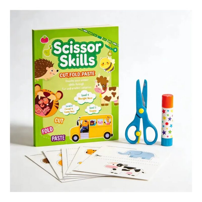 Green 'Scissor Skills' craft kit box with safety scissors, glue stick, and animal-themed cutting cards.