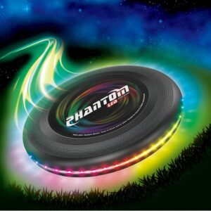 Rotating tire with colorful light ring against a starry space background, logo reads Phantom LED, promoting RGB LEDs on the tire.