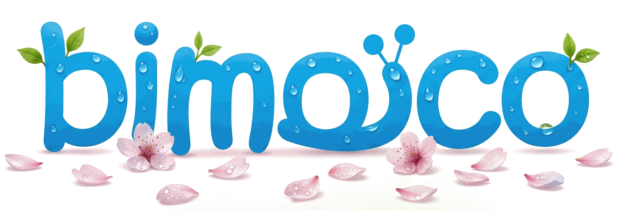 Blue glossy wordmark with water droplets and pink flower petals, forming a nature-themed logo phrase.