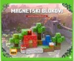 Voxel-based Minecraft-style build: a small red brick house with a door, TNT block, trees, and a blue water feature on a grassy platform, with a castle landscape in the background.