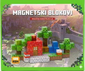 Voxel-based Minecraft-style build: a small red brick house with a door, TNT block, trees, and a blue water feature on a grassy platform, with a castle landscape in the background.