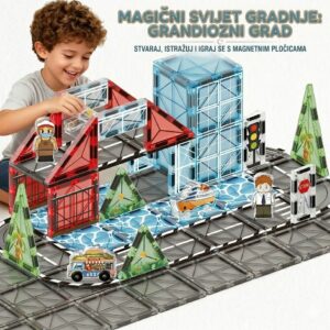 Child building a colorful magnetic city with red and blue transparent buildings and vehicles nearby