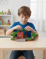 A young boy in a blue shirt builds a block structure resembling a Minecraft scene on a wooden table in a bright room.